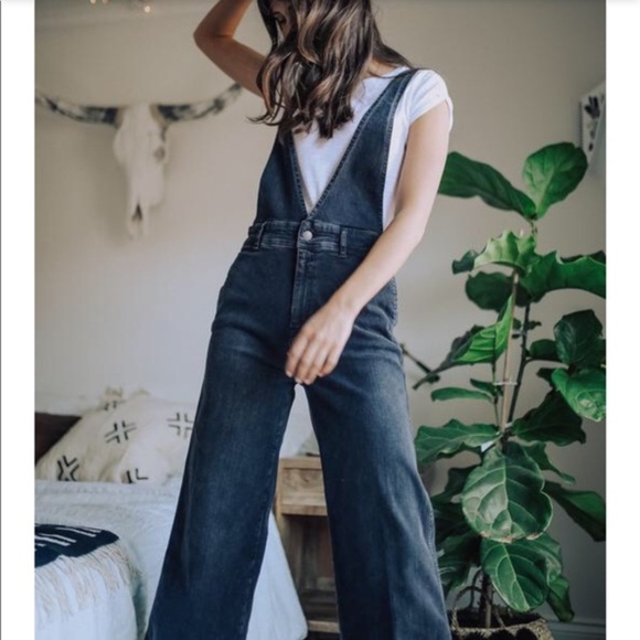 Free People A-Line Denim Jean Overall Wide Leg Black Size 2 NWT - Picture 1 of 11